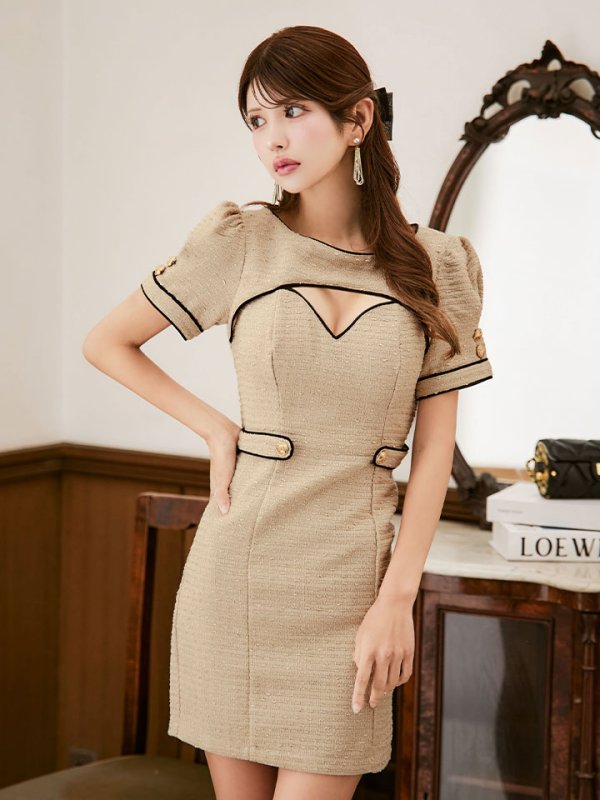 画像3: バイカラーツイードドレス/半袖/パイピング/ボタン/タイト/谷間見せ/背中隠し/ミニドレス/キャバドレス【XS-Mサイズ/1カラー】[OF01A] 【SB】dzw