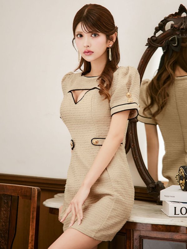 画像8: バイカラーツイードドレス/半袖/パイピング/ボタン/タイト/谷間見せ/背中隠し/ミニドレス/キャバドレス【XS-Mサイズ/1カラー】[OF01A] 【SB】dzw