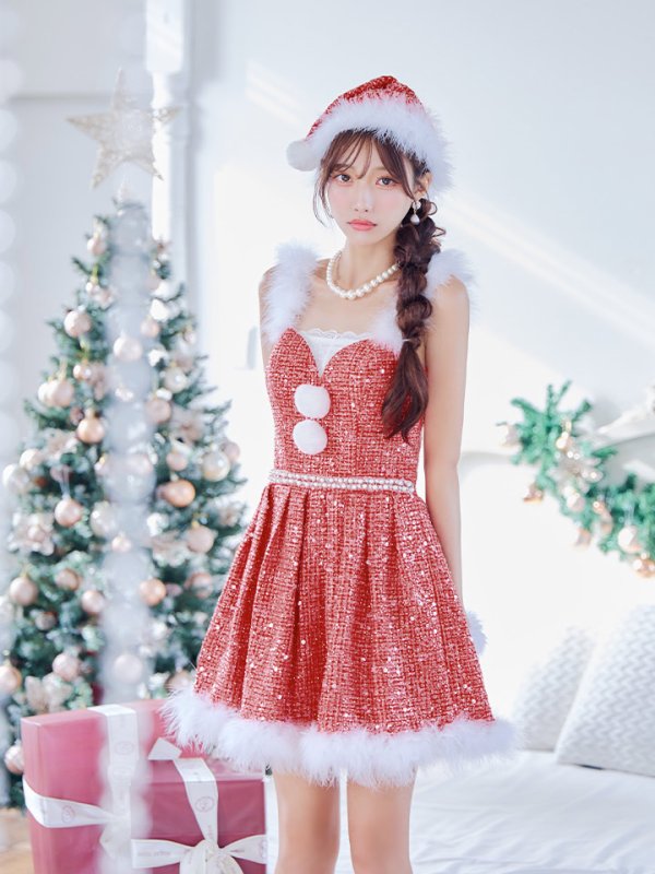 画像12: 【一部予約商品/11月中旬発送予定】【サンタコス 4点セット】【XS-XLサイズ/3カラー】ラメツイードミニワンピースサンタ[YMT]