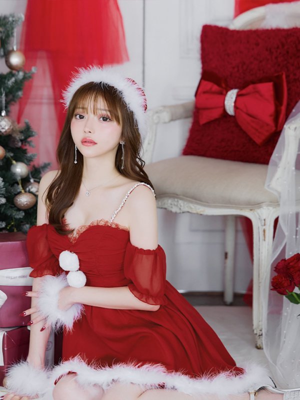 画像10: 【即日発送】【サンタコス 4点セット】【S-Lサイズ/1カラー】パフスリーブオフショルフレアサンタコスプレ[OF01]