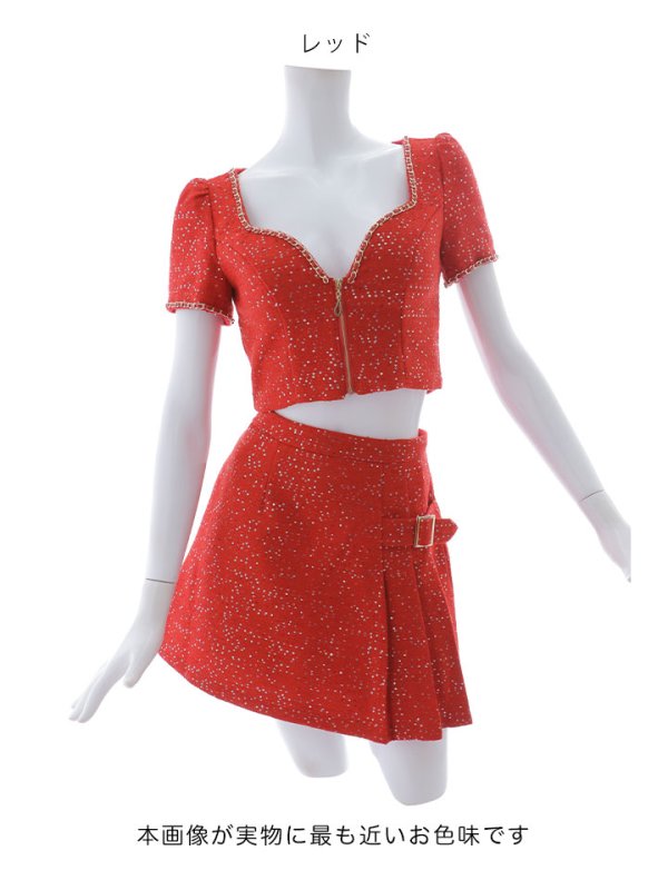 画像11: ツイードセットアップスパンコールドレス/2ピース/半袖/ジップアップ/プリーツスカート/谷間見せ/背中隠し/ミニドレス/キャバドレス【XS-XLサイズ/1カラー】[OF01A] 【SB】dzw