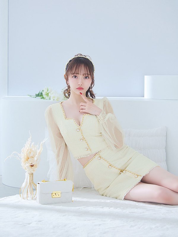 画像13: ツイードセットアップドレス/2ピース/チュール袖/パールボタン/谷間見せ/背中隠し/ミニドレス/キャバドレス 【S-XLサイズ/1カラー】[OF01A] 【SB】dzy