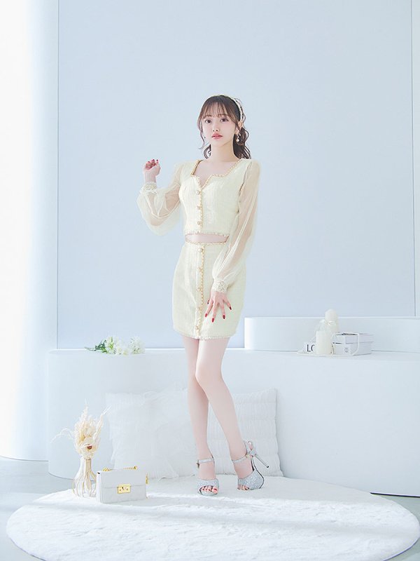 画像14: ツイードセットアップドレス/2ピース/チュール袖/パールボタン/谷間見せ/背中隠し/ミニドレス/キャバドレス 【S-XLサイズ/1カラー】[OF01A] 【SB】dzy