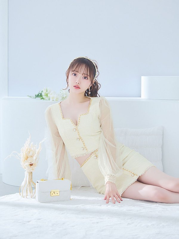 画像15: ツイードセットアップドレス/2ピース/チュール袖/パールボタン/谷間見せ/背中隠し/ミニドレス/キャバドレス 【S-XLサイズ/1カラー】[OF01A] 【SB】dzy