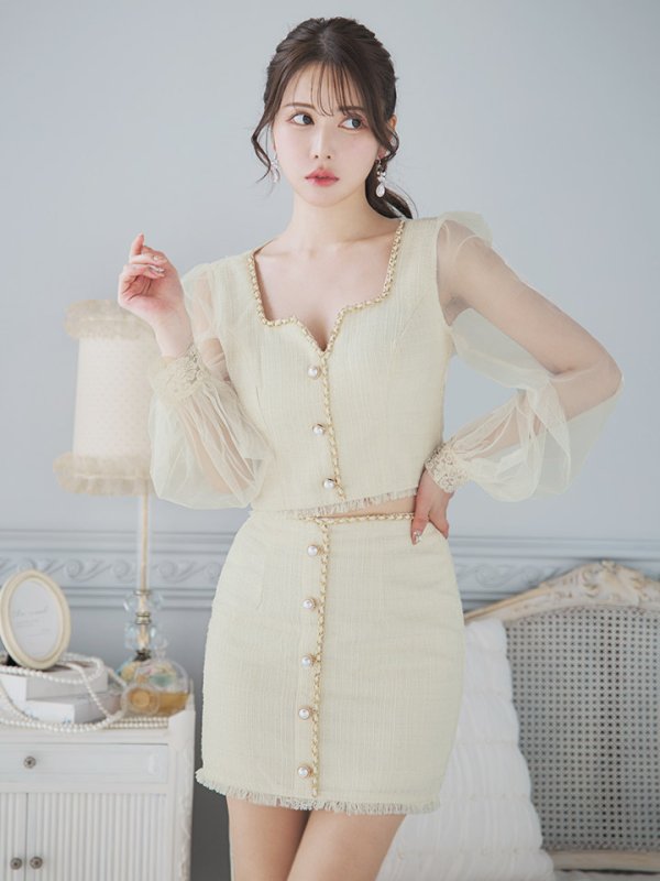 画像4: ツイードセットアップドレス/2ピース/チュール袖/パールボタン/谷間見せ/背中隠し/ミニドレス/キャバドレス 【S-XLサイズ/1カラー】[OF01A] 【SB】dzy