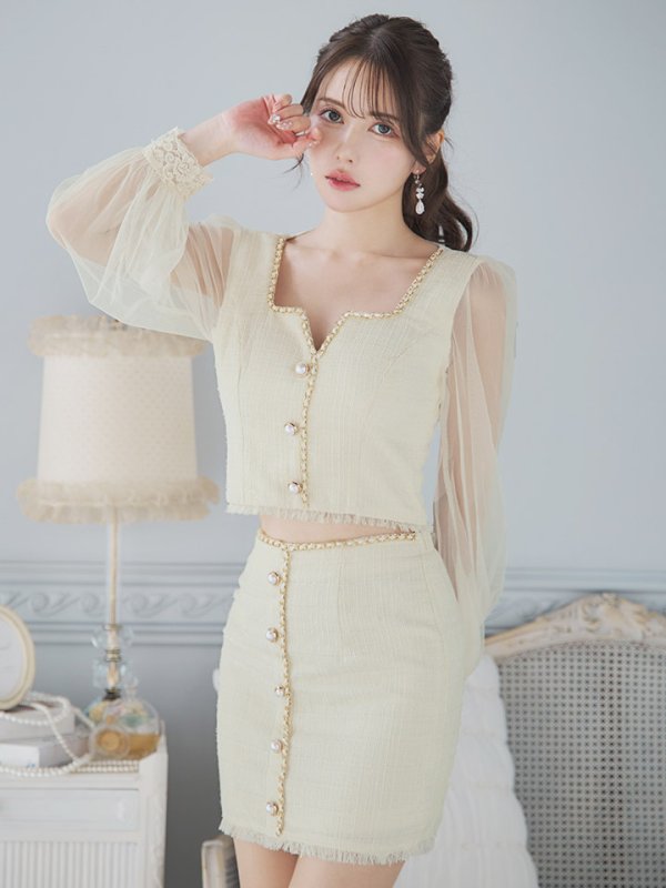 画像10: ツイードセットアップドレス/2ピース/チュール袖/パールボタン/谷間見せ/背中隠し/ミニドレス/キャバドレス 【S-XLサイズ/1カラー】[OF01A] 【SB】dzy