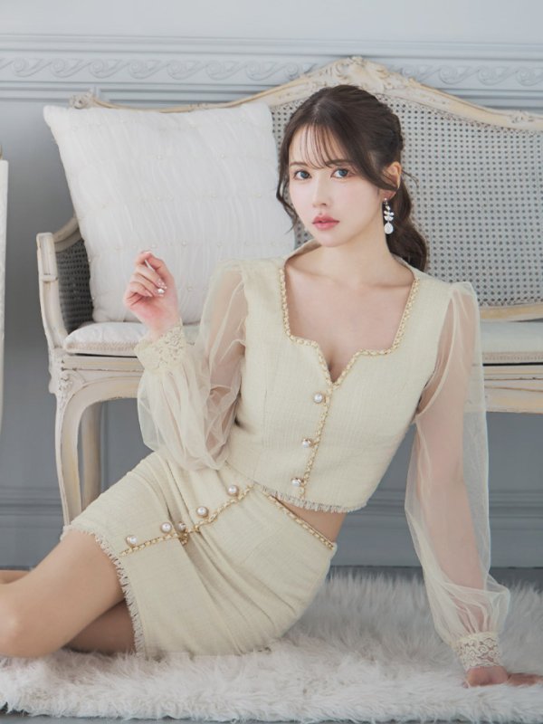 画像11: ツイードセットアップドレス/2ピース/チュール袖/パールボタン/谷間見せ/背中隠し/ミニドレス/キャバドレス 【S-XLサイズ/1カラー】[OF01A] 【SB】dzy