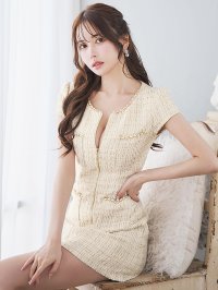 ジップアップツイードドレス/チェーン/ポケット/谷間見せ/背中隠し/ミニドレス/キャバドレス【XS-XLサイズ/4カラー】[OF01A]【SB】dzcu