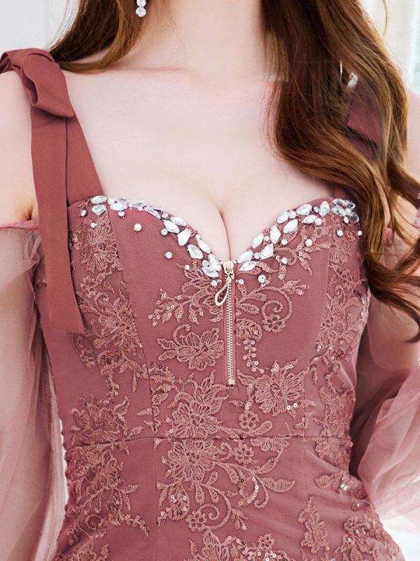 画像4: リボンショルダー刺繍レースドレス/チュール袖/スパンコール/ビジュー/マーメイド/谷間見せ/背中見せ/ミニドレス/キャバドレス【XS-Lサイズ/1カラー】[OF01A] 【SB】dzjo