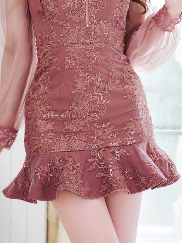 画像5: リボンショルダー刺繍レースドレス/チュール袖/スパンコール/ビジュー/マーメイド/谷間見せ/背中見せ/ミニドレス/キャバドレス【XS-Lサイズ/1カラー】[OF01A] 【SB】dzjo