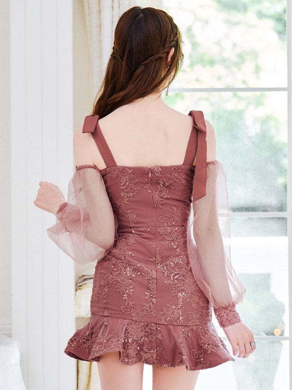 画像6: リボンショルダー刺繍レースドレス/チュール袖/スパンコール/ビジュー/マーメイド/谷間見せ/背中見せ/ミニドレス/キャバドレス【XS-Lサイズ/1カラー】[OF01A] 【SB】dzjo