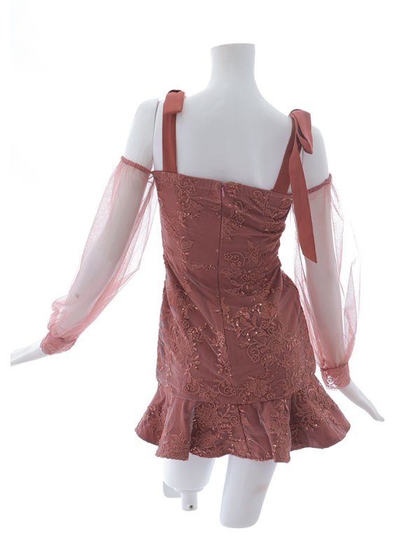 画像12: リボンショルダー刺繍レースドレス/チュール袖/スパンコール/ビジュー/マーメイド/谷間見せ/背中見せ/ミニドレス/キャバドレス【XS-Lサイズ/1カラー】[OF01A] 【SB】dzjo