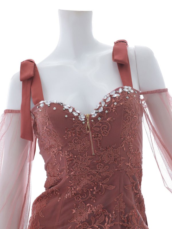 画像13: リボンショルダー刺繍レースドレス/チュール袖/スパンコール/ビジュー/マーメイド/谷間見せ/背中見せ/ミニドレス/キャバドレス【XS-Lサイズ/1カラー】[OF01A] 【SB】dzjo