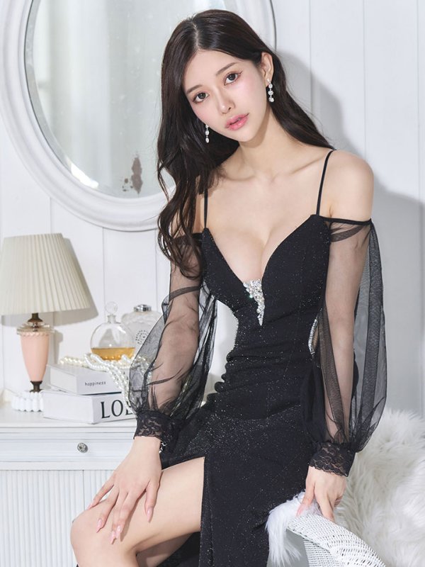 画像12: シアースリーブラメロングドレス/キャミソール/谷間見せ/背中見せ/スリット/ロングドレス/キャバドレス【S-Lサイズ/2カラー】[OF01A] 【SB】dzc