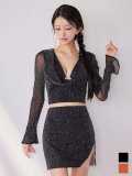 送料無料！ラメシアーロングスリーブビジューセットアップミニドレス/キャバドレス【S-Mサイズ/2カラー】[OF01] 【SB】AG