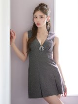 ノースリーブ/Vネック/リボンビジュー/スタッズ/プリーツ/Aライン/スーツ生地/ミニドレス/キャバドレス【XS-Mサイズ/1カラー】[OF01] 【SB】dzwAG