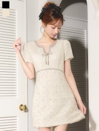 送料無料!ビジューリボンツイードミニワンピースドレス/キャバドレス【XS-XLサイズ/2カラー】[OF01] 【SB】dzwIA