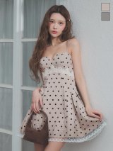 送料無料！ドット柄/キャミソール/谷間見せ/レース/スーツ生地/ドッキング/プリーツ/フレア/Aライン/ミニドレス/キャバドレス【S-Mサイズ/2カラー】【予約商品/4月下旬発送予定】[OF04]【SB】dzmuSK