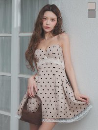 送料無料！ドット柄/キャミソール/谷間見せ/レース/スーツ生地/ドッキング/プリーツ/フレア/Aライン/ミニドレス/キャバドレス【S-Mサイズ/2カラー】【予約商品/4月下旬発送予定】[OF04]【SB】dzmuSK