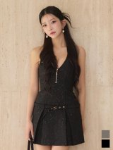 送料無料！ホルターネック/フロントジップ/スーツ生地/ベルト/ノースリーブ/プリーツスカート/ミニドレス/キャバドレス【XS-Mサイズ/2カラー】[OF01]【SB】dzozqAGY