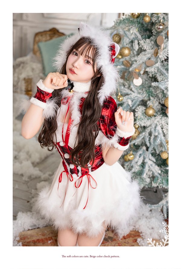 画像3: 【即日発送】【クリスマスコスプレ7点セット】【Malymoon/マリームーン】レースアップ猫耳チェックサンタ【フリーサイズ/1カラー】[OF03]