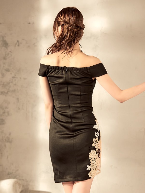 画像6: SALE!マーベラスブラックフロントオープンドレス/エンブロイダリーレース/シアー切り替え/デコルテ見せ/キャバドレス/ミニドレス【S-Mサイズ/1カラー】[OF03-U]