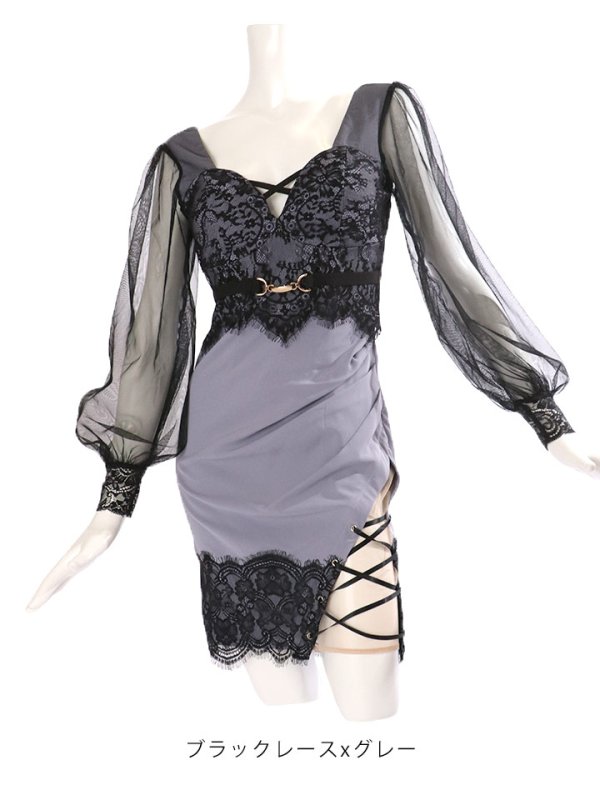 画像12: ボリュームシアースリーブ/チュール袖/レースアップドレス/コルセット風/ベルト/サイドシアー/キャバドレス/ミニドレス【S-XLサイズ/5カラー】[OF03-X]【YN】