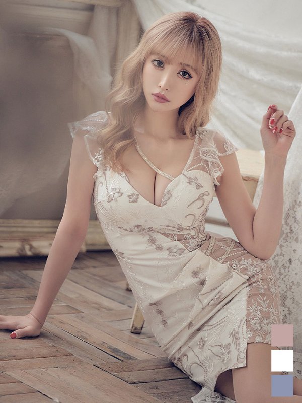 画像5: フラワー刺繍フェイクレースドレス/透け/フリル/ビジュー/谷間見せ/キャバドレス/ミニドレス【XS-XLサイズ/3カラー】[HC02-X]【YN】