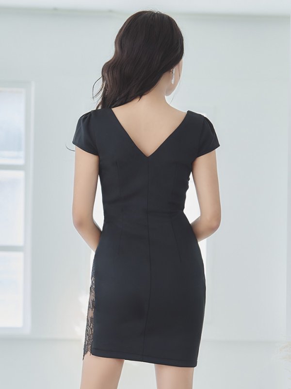 画像7: フェイクレーススリットドレス/レースレイヤード/カットワークレース/タイト/谷間魅せ/キャバドレス/ミニドレス【S-Lサイズ/2カラー】[OF03-X]