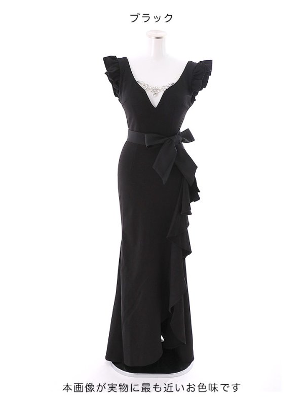 画像3: SALE!ワンカラービジューフリルドレープロングドレス/リボン/ビジュー/フリル/ドレープ/ストレッチ/無地/谷間見せ/背中見せ/タイト/ロングドレス/キャバドレス【S-Lサイズ/1カラー】[OF03]【YN】dz