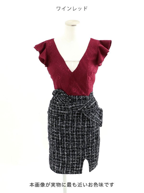 画像9: SALE!ツイード/フリル/バイカラー/胸元見せ/タイトスカート/ビジュー/キャバドレス/ミニドレス【S-Lサイズ/1カラー】[OF03-U] 【YN】dzw