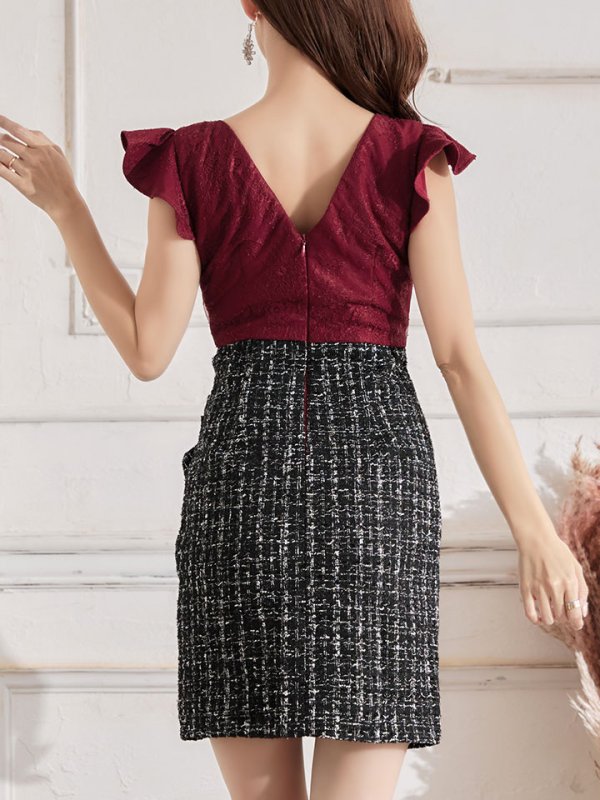 画像6: SALE!ツイード/フリル/バイカラー/胸元見せ/タイトスカート/ビジュー/キャバドレス/ミニドレス【S-Lサイズ/1カラー】[OF03-U] 【YN】dzw