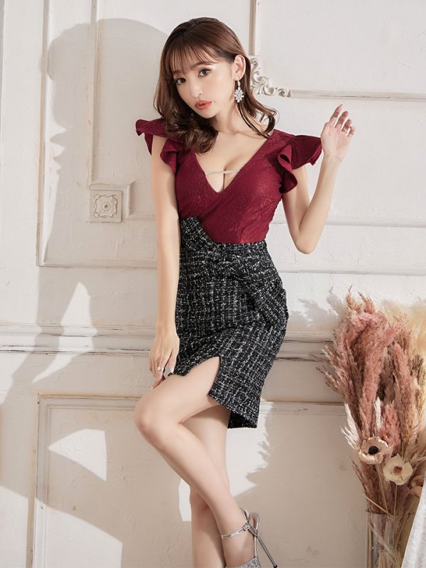 画像7: SALE!ツイード/フリル/バイカラー/胸元見せ/タイトスカート/ビジュー/キャバドレス/ミニドレス【S-Lサイズ/1カラー】[OF03-U] 【YN】dzw