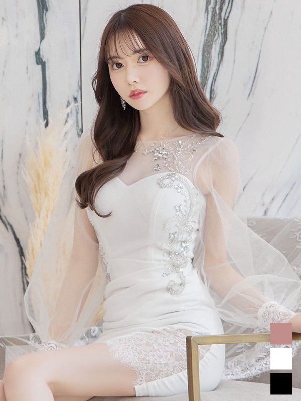 画像3: SALE!【選べるスカート丈ドレス】ビジュー刺繍ドレス/レース/チュール/スパンコール/透け/谷間見せ/キャバドレス/ミニドレス/ゴージャス【S-Lサイズ/2タイプ】[OF03-X] 【YN】dzw