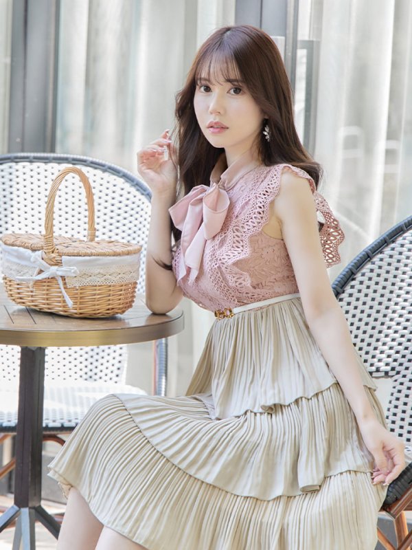 画像5: SALE!再入荷！バイカラーティアードワンピースドレス/レース/リボン/プリーツ/フレアー/ワンピース/ベルト/無地/胸元隠し/背中隠し/ミディアム丈/キャバドレス/パッド無し/【M-XLサイズ/1カラー】[OF03-X] 【YN】dz