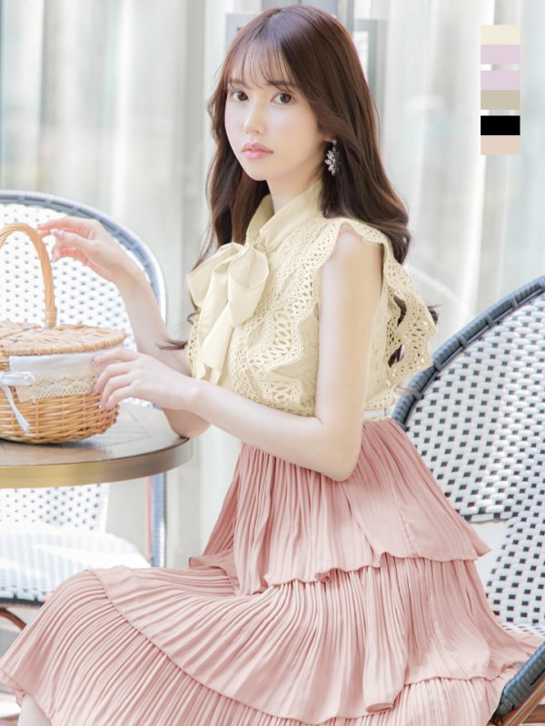 画像1: SALE!再入荷！バイカラーティアードワンピースドレス/レース/リボン/プリーツ/フレアー/ワンピース/ベルト/無地/胸元隠し/背中隠し/ミディアム丈/キャバドレス/パッド無し/【M-XLサイズ/1カラー】[OF03-X] 【YN】dz