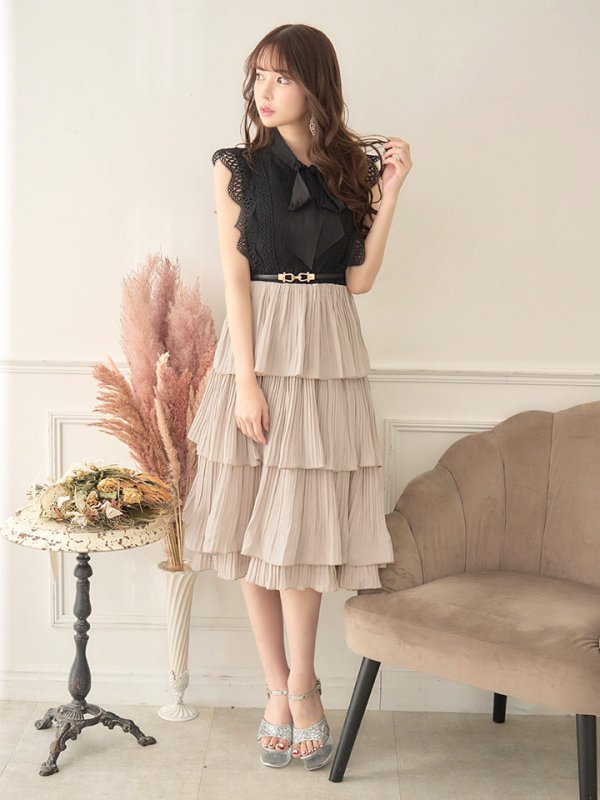 画像14: SALE!再入荷！バイカラーティアードワンピースドレス/レース/リボン/プリーツ/フレアー/ワンピース/ベルト/無地/胸元隠し/背中隠し/ミディアム丈/キャバドレス/パッド無し/【M-XLサイズ/1カラー】[OF03-X] 【YN】dz