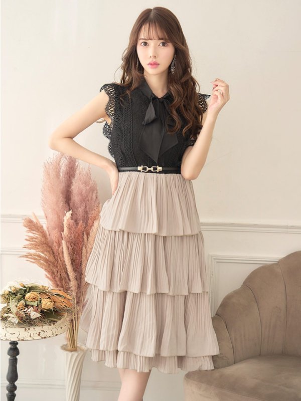 画像15: SALE!再入荷！バイカラーティアードワンピースドレス/レース/リボン/プリーツ/フレアー/ワンピース/ベルト/無地/胸元隠し/背中隠し/ミディアム丈/キャバドレス/パッド無し/【M-XLサイズ/1カラー】[OF03-X] 【YN】dz