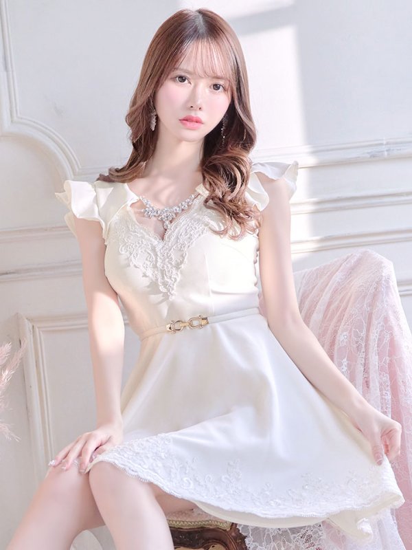 画像2: SALE!ホワイトレースフレアードレス/レース/ビジュー/ベルト/無地/ワンカラー/谷間見せ/フレアー/ミニドレス/キャバドレス【S-Lサイズ/1カラー】[OF03-X] 【YN】dz