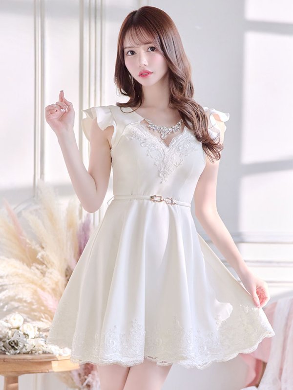 画像4: SALE!ホワイトレースフレアードレス/レース/ビジュー/ベルト/無地/ワンカラー/谷間見せ/フレアー/ミニドレス/キャバドレス【S-Lサイズ/1カラー】[OF03-X] 【YN】dz