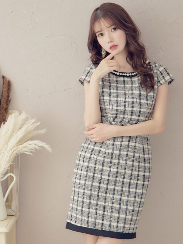 画像24: SALE!チェック柄ツイードミニドレス/黒ベルト/ビジュー/ツイード/タイトスカート/胸元隠し/背中隠し/キャバドレス/パッド無し/ワンピース/ミニドレス【S-XLサイズ/1カラー】[OF03-X] 【YN】dzc