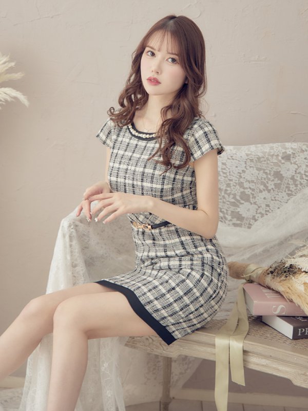 画像25: SALE!チェック柄ツイードミニドレス/黒ベルト/ビジュー/ツイード/タイトスカート/胸元隠し/背中隠し/キャバドレス/パッド無し/ワンピース/ミニドレス【S-XLサイズ/1カラー】[OF03-X] 【YN】dzc