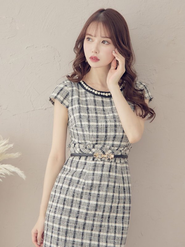 画像26: SALE!チェック柄ツイードミニドレス/黒ベルト/ビジュー/ツイード/タイトスカート/胸元隠し/背中隠し/キャバドレス/パッド無し/ワンピース/ミニドレス【S-XLサイズ/1カラー】[OF03-X] 【YN】dzc
