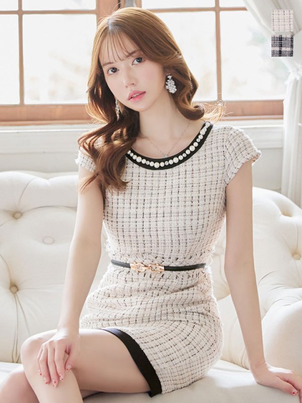 画像2: SALE!チェック柄ツイードミニドレス/黒ベルト/ビジュー/ツイード/タイトスカート/胸元隠し/背中隠し/キャバドレス/パッド無し/ワンピース/ミニドレス【S-XLサイズ/1カラー】[OF03-X] 【YN】dzc