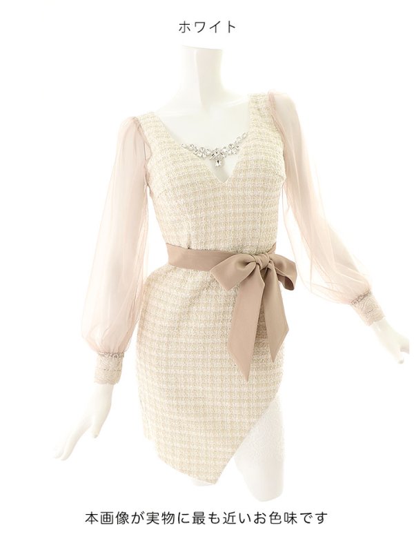 画像17: SALE!ブラックツイードチュールスリーブドレス/チェック柄/レース/リボンベルト/ビジュー/タイト/透け/谷間見せ/キャバドレス/ミニドレス【S-XLサイズ/4カラー】[OF03-X] 【YN】dz