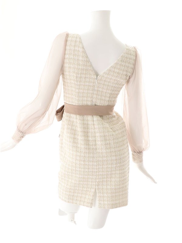 画像18: SALE!ブラックツイードチュールスリーブドレス/チェック柄/レース/リボンベルト/ビジュー/タイト/透け/谷間見せ/キャバドレス/ミニドレス【S-XLサイズ/4カラー】[OF03-X] 【YN】dz