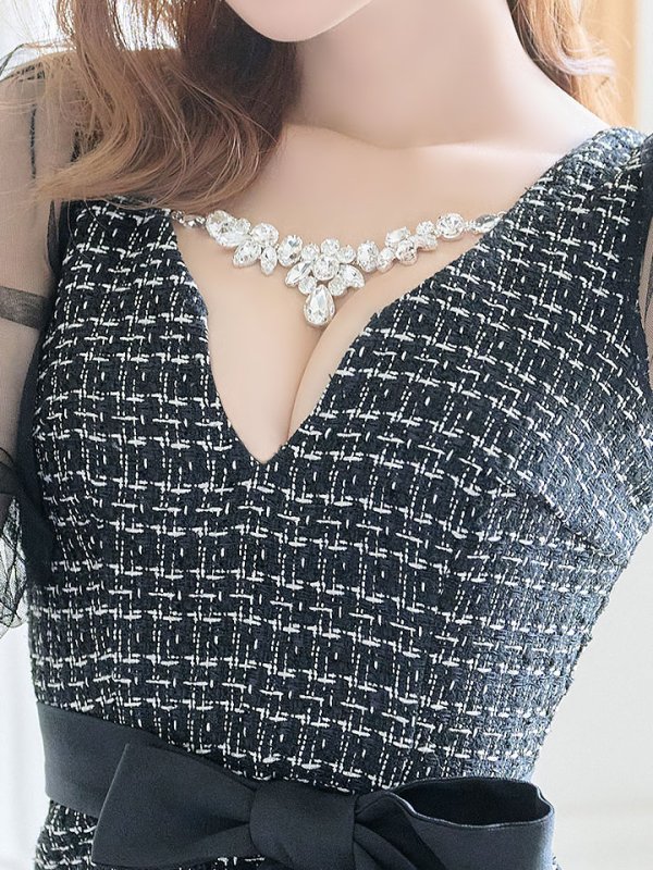 画像6: SALE!ブラックツイードチュールスリーブドレス/チェック柄/レース/リボンベルト/ビジュー/タイト/透け/谷間見せ/キャバドレス/ミニドレス【S-XLサイズ/4カラー】[OF03-X] 【YN】dz