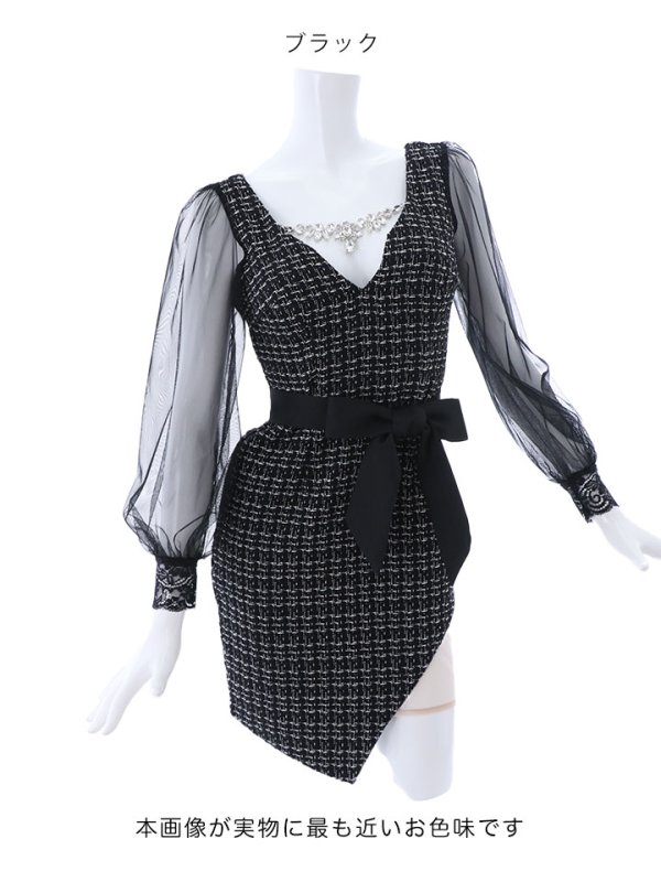 画像14: SALE!ブラックツイードチュールスリーブドレス/チェック柄/レース/リボンベルト/ビジュー/タイト/透け/谷間見せ/キャバドレス/ミニドレス【S-XLサイズ/4カラー】[OF03-X] 【YN】dz