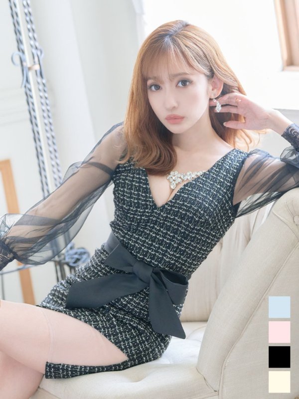 画像1: SALE!ブラックツイードチュールスリーブドレス/チェック柄/レース/リボンベルト/ビジュー/タイト/透け/谷間見せ/キャバドレス/ミニドレス【S-XLサイズ/4カラー】[OF03-X] 【YN】dz