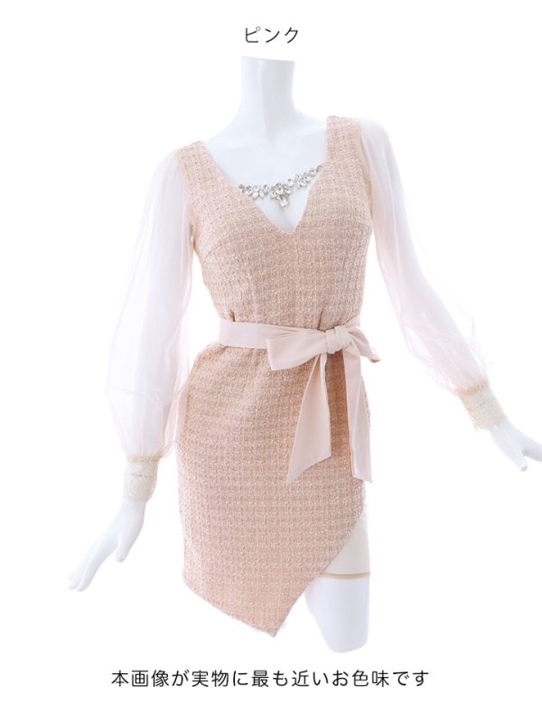 画像15: SALE!ブラックツイードチュールスリーブドレス/チェック柄/レース/リボンベルト/ビジュー/タイト/透け/谷間見せ/キャバドレス/ミニドレス【S-XLサイズ/4カラー】[OF03-X] 【YN】dz